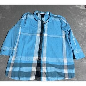 Ali‎ Miles Shirt Womens XL Cotton Blue Plaid Button Up Artsy Preppy Lagenlook